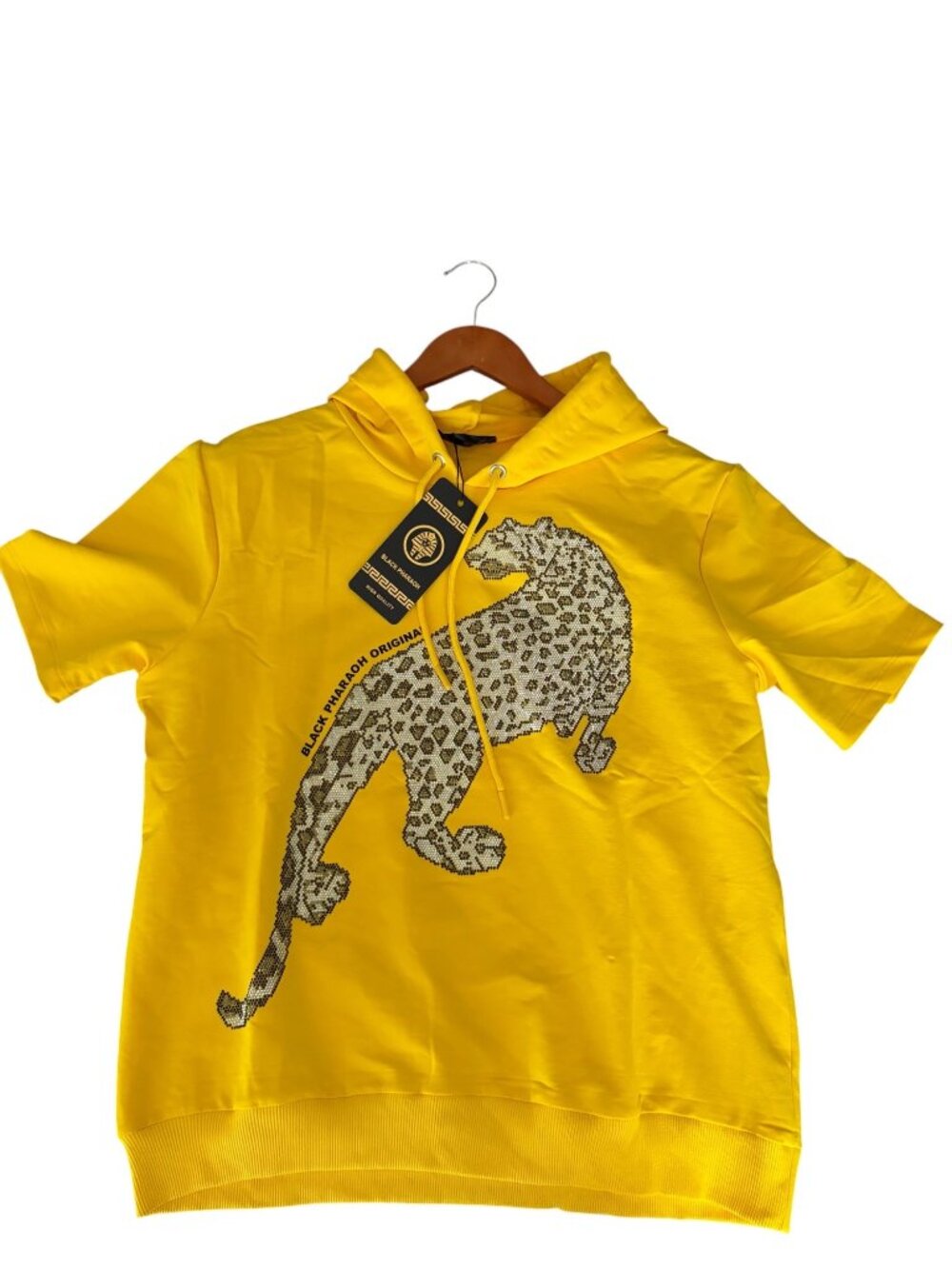 Men's Black Pharaoh XL T-Shirt Rhinestone Leopard Yellow Graphic Hooded